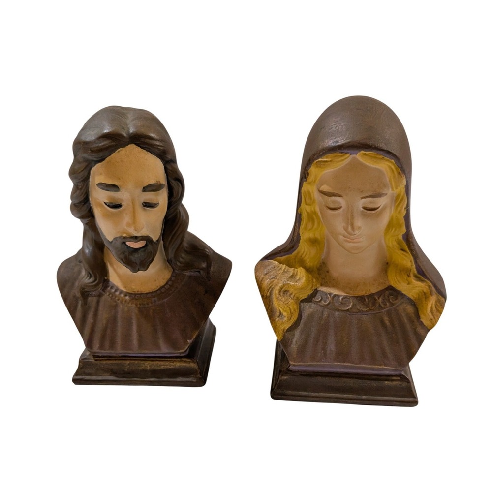 Vintage Holland Mold Jesus and Mary Ceramic Bust Set Religious Figurines Brown